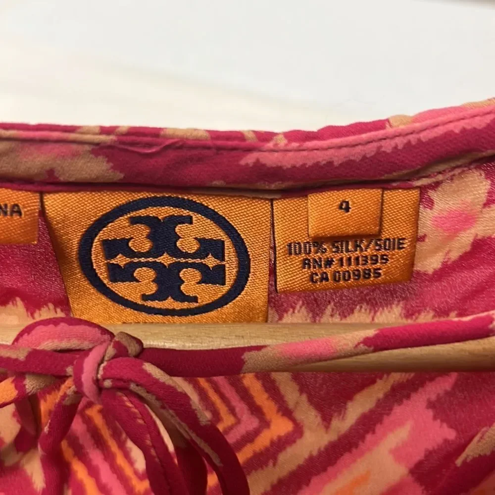 Tory Burch pink printed silk top with cinched sleeves 4
